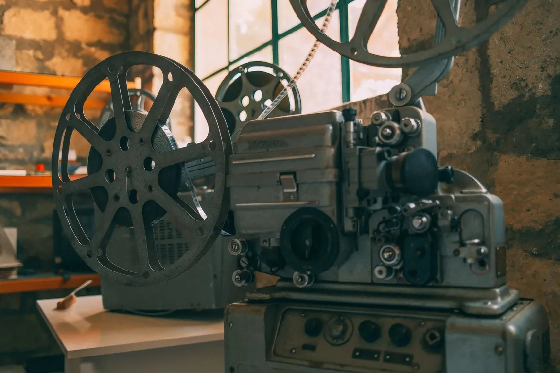 Vintage film projector with large reels against an old stone wall