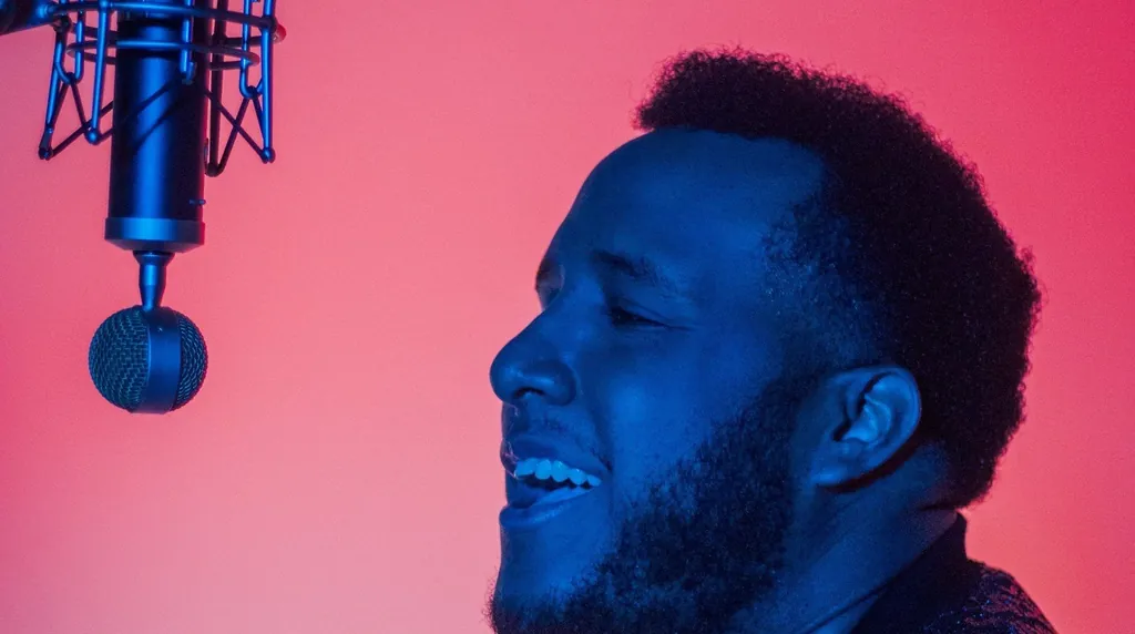Singer with his eyes closed and a hand on his chest, feeling his chest voice under pink light