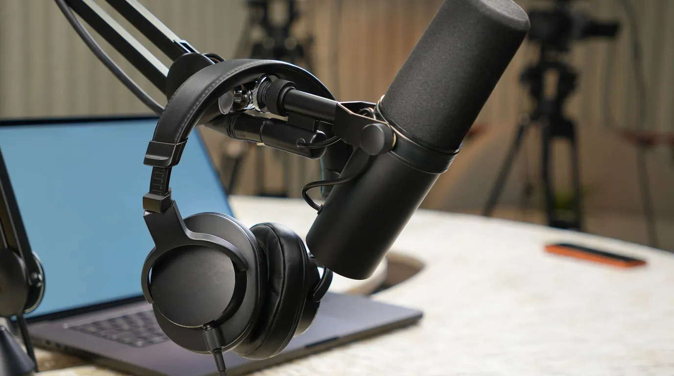 Podcast microphone on a boom arm with headphones hung on it, beside a laptop