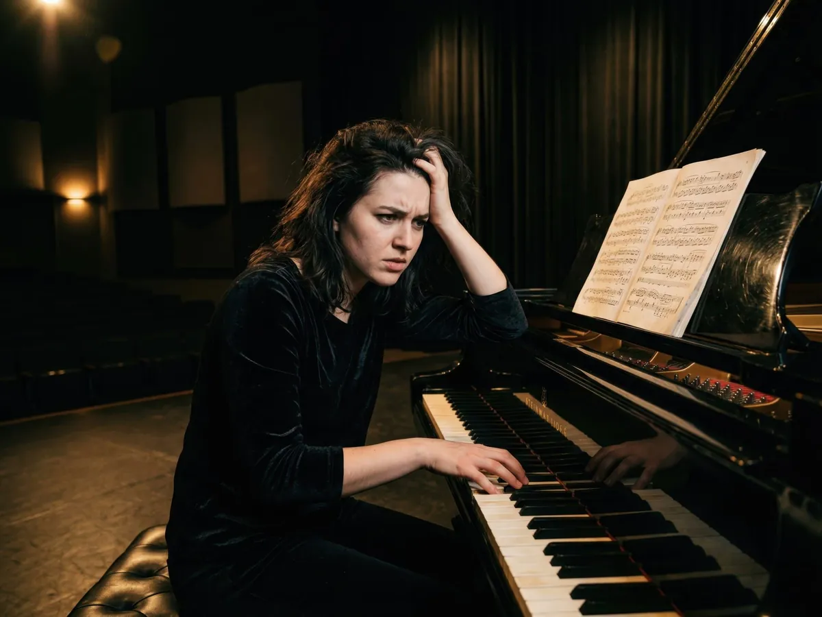 Frustrated pianist with her hand on her head, stopping mid-phrase at a grand piano